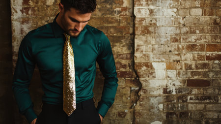 A fashionable man showcases a green shirt paired with a sparkling golden tie, creating a striking visual against a rustic brick wall in an urban setting.の素材