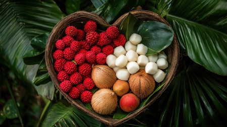 A stunning heart-shaped basket showcases a vibrant assortment of fresh tropical fruits, including red and white varieties, surrounded by lush green leaves.の素材