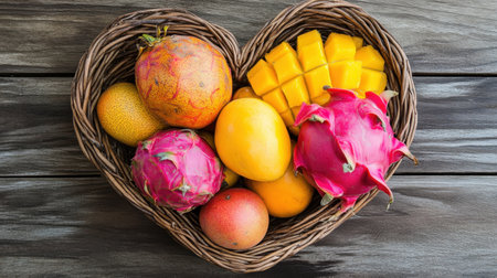 This image showcases a heart-shaped basket brimming with various fresh fruits, including mango, dragon fruit, and passion fruit, set on a rustic wooden table.の素材