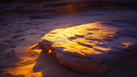 A captivating view of a sunlit rock formation on a sandy beach during sunset. The warm golden light casts soft shadows, creating a serene atmosphere that evokes tranquility.の素材