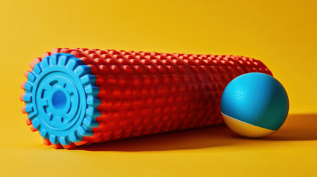 This striking image features a vibrant red foam roller alongside a blue massage ball, set against a cheerful yellow backdrop, perfect for promoting fitness and wellness.の素材