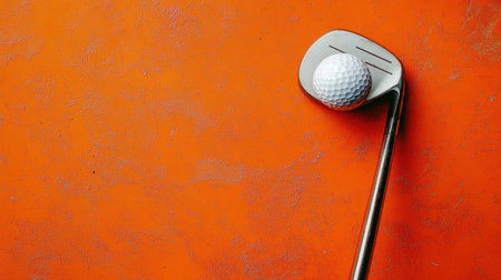 A close-up image of a golf club with a white ball placed on an orange surface, highlighting the essence of golf and sportsmanship for various creative projects.の素材