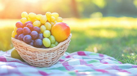 A beautifully arranged basket of fresh fruits including grapes and an apple sits on a checkered blanket, basking in warm sunlight amid lush greenery.の素材
