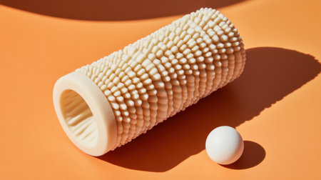 A textured foam roller next to a massage ball, set against a vibrant orange background, depicting wellness and fitness aids for self-care and recovery.の素材