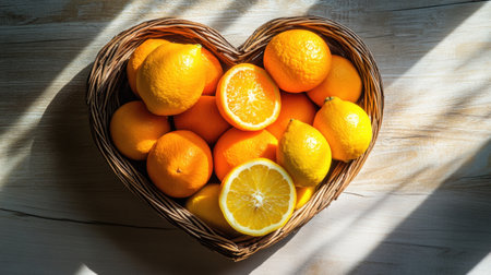 A vibrant heart-shaped basket overflowing with fresh oranges and lemons, illuminated by warm sunlight. This image captures the joy of natural fruit.の素材