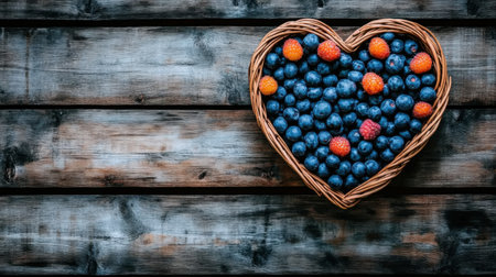 A heart-shaped basket brimming with fresh blueberries and colorful berries rests on a rustic wooden surface, evoking a sense of warmth and freshness.の素材