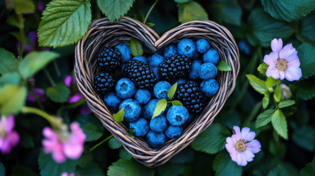 A charming heart-shaped basket filled with fresh blueberries and blackberries, nestled among lush green leaves and delicate pink flowers, ideal for food photography.の素材