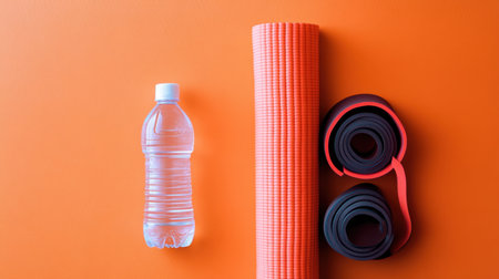 Vibrant flat lay of fitness essentials including a water bottle, yoga mat, and resistance bands. Perfect for promoting an active and healthy lifestyle.の素材