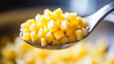 A close-up image of freshly cubed yellow mango pieces displayed on a spoon, showcasing the vibrant color and texture against a softly blurred background.の素材