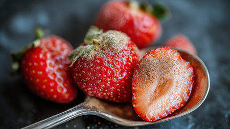 A mouthwatering image of fresh strawberries placed on a silver spoon, with one berry sliced open to showcase its juicy texture against a dark backdrop.の素材
