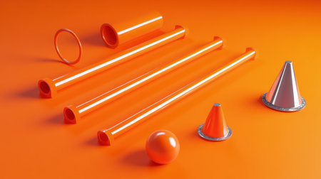 A lively collection of geometric shapes featuring vibrant orange colors, ideal for artistic projects and modern design applications. The composition includes cones, tubes, and spheres, all set against a bold backdrop, creating a playful and dynamic visual experience.の素材