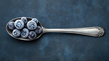 A stunning close-up of frosted blueberries arranged elegantly on a silver vintage spoon, set against a rich dark background, showcasing natural beauty.の素材