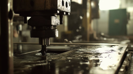 Close-up view of an industrial machine cutting metal, showcasing oil and shavings in a workshop setting. Highlighting the precision and technology in manufacturing.の素材