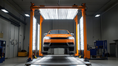 A sleek modern car is positioned in an automotive workshop, illuminated by advanced lighting systems. The setting emphasizes technology and maintenance efficiency.の素材