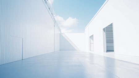A serene and bright interior scene showcasing the minimalism of a modern warehouse. The open space is characterized by clean lines, white walls, and abundant natural light, creating a tranquil atmosphere.の素材