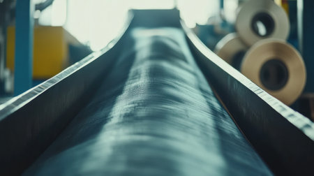 A close-up view of an industrial conveyor belt within a manufacturing facility, showcasing smooth material transport and a bright, softly focused background.の素材