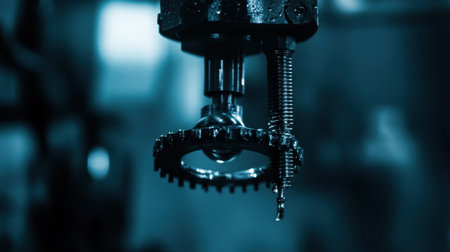 A close-up view of a metallic gear in a workshop, showcasing lubrication highlights the importance of maintenance in machinery. The detailed image emphasizes precision and engineering in an industrial setting.の素材