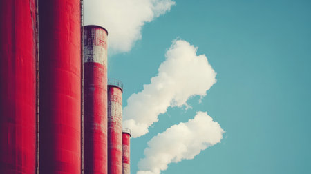 A striking image of tall red smokestacks releasing white smoke into a clear blue sky, representing industrial activity and environmental impact.の素材
