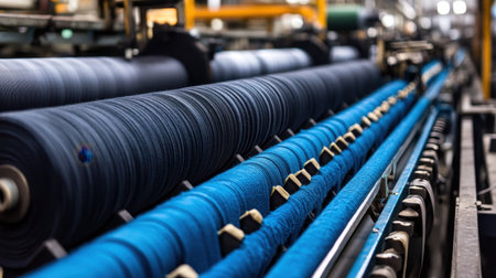 This close-up image captures a textile manufacturing machine spinning blue yarn, showcasing the intricate details of industrial production.の素材