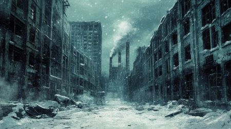A hauntingly beautiful scene of a deserted urban area enveloped in snow, showcasing abandoned buildings and smoke stacks under a gloomy sky.の素材