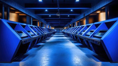 This captivating image showcases a futuristic interior space illuminated by striking blue lighting. The design features symmetrical elements, creating a unique atmosphere that blends modern architecture with abstract aesthetics.の素材