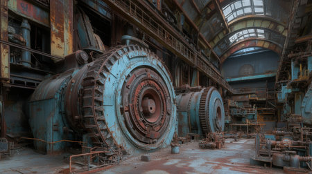 This captivating image captures the haunting beauty of an abandoned industrial space featuring large, rusty machinery and a vivid overhead skylight.の素材