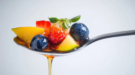 A colorful assortment of fresh fruits, including strawberries, blueberries, and apples, beautifully arranged on a spoon with honey drizzle, emphasizing healthy eating and culinary art.の素材