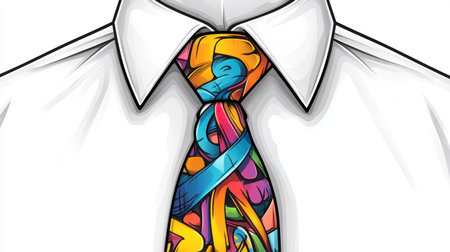 This image features a striking colorful abstract tie worn with a formal white shirt, showcasing vibrant artistic patterns. Perfect for fashion and style concepts.の素材