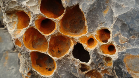This close-up image showcases a geological formation featuring intricate textures and vibrant orange cavities in a rugged stone surface, emphasizing nature's artistry.の素材