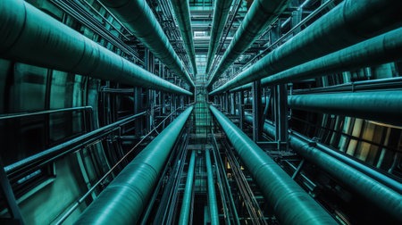 A captivating view of industrial pipes arranged in a symmetrical design, creating an abstract visual experience in a modern architectural environment.の素材