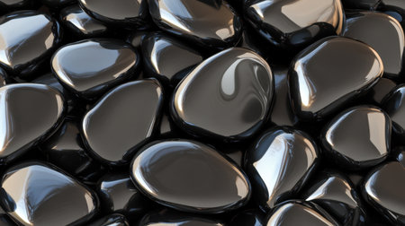This image features an array of glossy black stones with smooth surfaces, ideal for use in backgrounds or as design elements in various projects.の素材