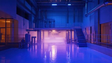 A striking view of a modern industrial facility featuring blue lighting, reflective flooring, and wisps of steam, evoking a sense of futurism and innovation.の素材