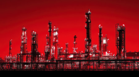 A striking image of an industrial facility silhouetted against a vibrant red sky, featuring illuminated structures that showcase urban energy production.の素材