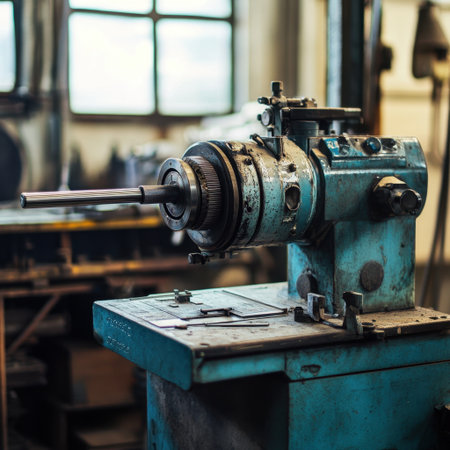 A vintage blue machine tool sits prominently in a well-lit workshop, showcasing intricate details of industrial design and craftsmanship in metalwork.の素材