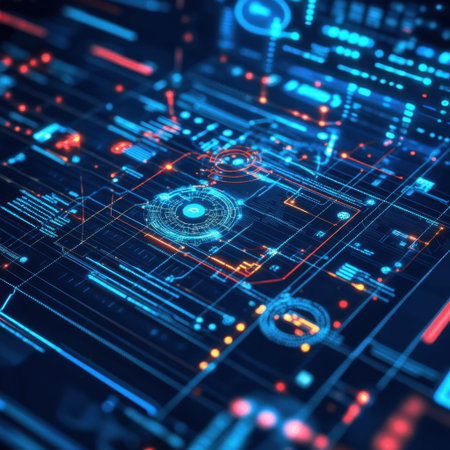 Explore a captivating futuristic digital interface featuring vibrant blue and orange glowing lines and circuits, perfect for technology and innovation themes.の素材