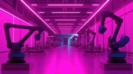 A vibrant scene showcasing robotic arms in a high-tech industrial environment, illuminated by neon pink lighting, highlighting advanced automation technology.の素材