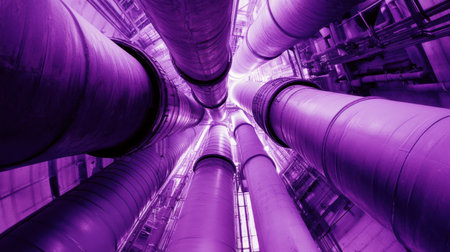 Captivating abstract view of large industrial pipes shot from below, enhanced by a vibrant purple tone illuminating the structures and shapes.の素材