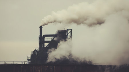 A striking view of an industrial factory releasing white smoke into the atmosphere against a gloomy sky, highlighting urban pollution and environmental impact.の素材