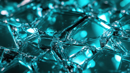 This close-up image features shattered glass pieces illuminated with a turquoise hue, creating a striking and vivid abstract design that captivates the eye.の素材