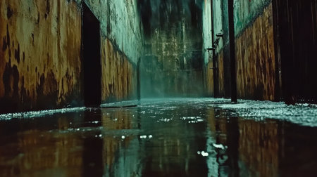 An atmospheric shot of a dark corridor in an abandoned building, featuring a damp floor, eerie ambiance, and captivating reflections. The scene evokes a sense of mystery.の素材