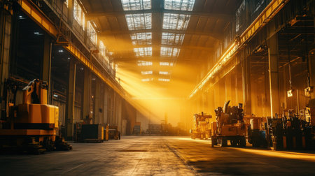 A stunning industrial warehouse scene featuring golden sunlight streaming through large windows, casting dramatic shadows on the floor filled with heavy machinery.の素材