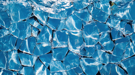 A stunning close-up of sparkling blue water interspersed with jagged ice fragments, creating a beautiful and calming natural pattern under the bright sunlight.の素材