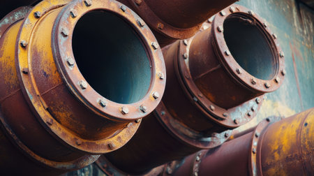 Close-up view of rusted metal pipes showcasing intricate textures and industrial elements. Ideal for projects emphasizing vintage, urban, or rustic themes.の素材
