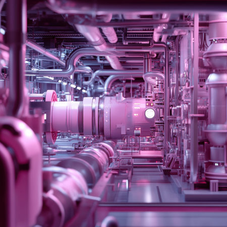 This image depicts a stunning interior view of a high-tech factory featuring intricate machinery and vibrant colorful lighting, showcasing modern industry.の素材