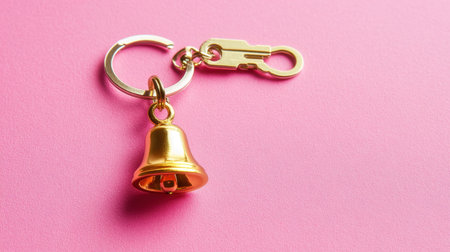 A golden bell keychain featuring a stylish clasp against a vibrant pink background. This eye-catching accessory is perfect for gifts or personal use.の素材