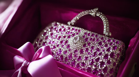 This beautiful pink clutch purse, adorned with sparkling gemstones, is presented in an elegant gift box, complete with a delicate bow for special occasions.の素材