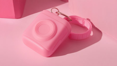 Delightful soft pink camera case featuring a convenient keychain, perfect for photography enthusiasts. Ideal accessory for stylish storage and protection.の素材