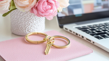 A stylish desktop scene featuring keys, a laptop, and a beautiful bouquet of roses. Perfect for showcasing modern workspace aesthetics and inspiration.の素材