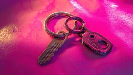 This close-up image features a metal key attached to a ring, set against a colorful background of pink and purple hues, capturing vibrant reflections and details.の素材