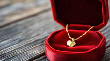 This close-up image features an elegant gold heart pendant resting in a luxurious red velvet jewelry box, set against a rustic wooden table, perfect for gifts.の素材
